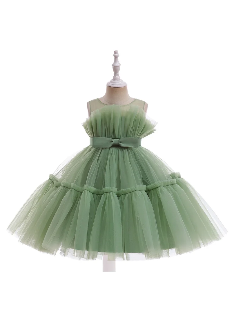 D'Daniela D' Daniela - Toddler Girls Bow Front Ruffle Hem Mesh Gown Dress Olive Green