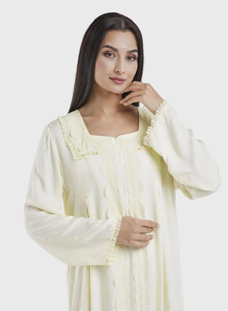 كشخة Light Yellow Jacquard Viscose Nightwear Drees (CNH456)