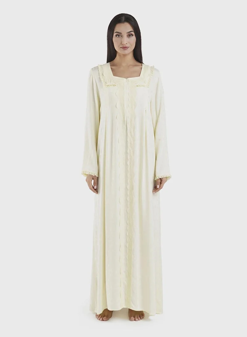 كشخة Light Yellow Jacquard Viscose Nightwear Drees (CNH456)