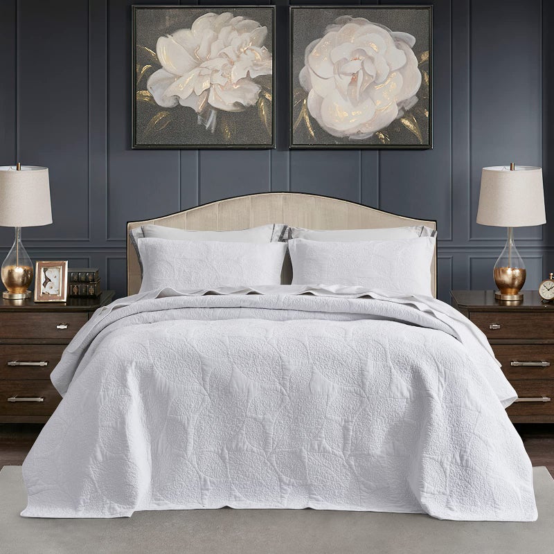 CHIXIN Botanical Cotton Quilt King Size  Real Stitching Leaf Pattern  Quilted Bedspread Coverlet Set Ultra Soft Lightweight Reversible 3 Piece Pure White
