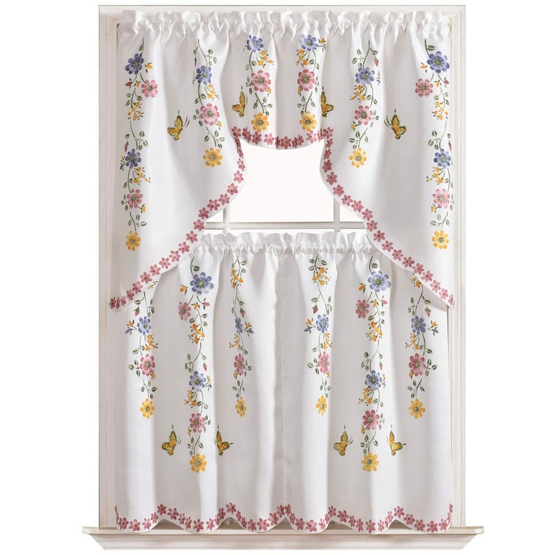 GOHD Golden Ocean Home Decor GOHD 3pcs Farmhouse Kitchen Cafe Curtain Set Air Brushed by Hand of Flowers and Butterfly Design on Thick Satin Fabric Daisy Swing 