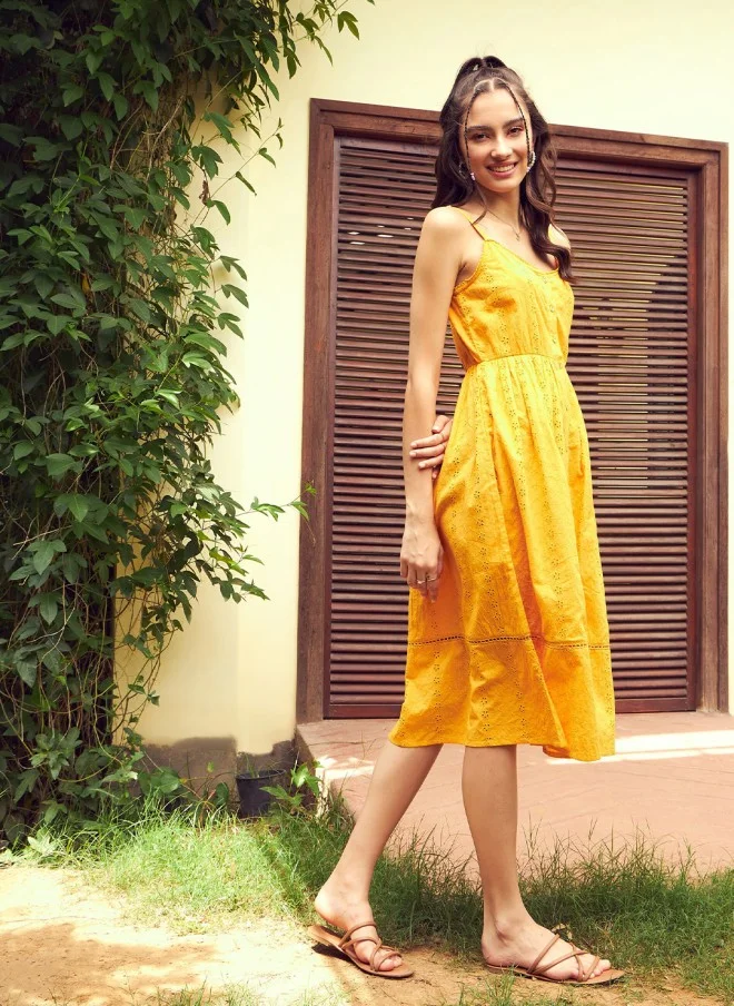 SASSAFRAS Mustard Yellow Schiffli Cotton Midi Dress for Women