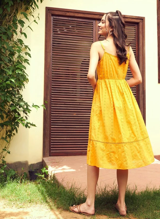 SASSAFRAS Mustard Yellow Schiffli Cotton Midi Dress for Women