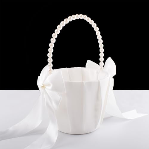 STAFUNI Flower Girl Basket for Weddings,Ivory Flower Girl Basket With Pearl Handle, Wedding Baskets for Flower Girls - Image 3