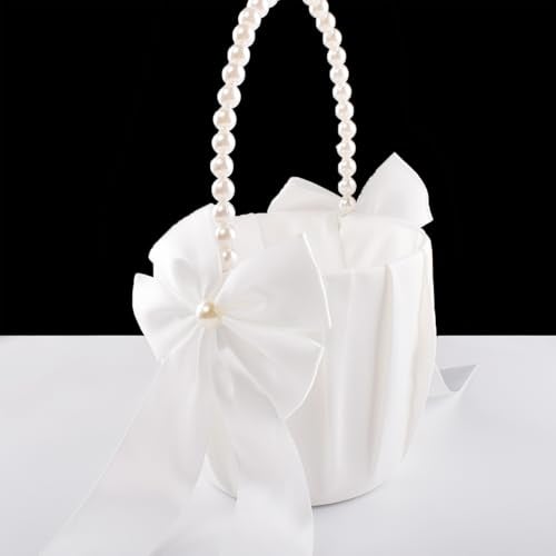 STAFUNI Flower Girl Basket for Weddings,Ivory Flower Girl Basket With Pearl Handle, Wedding Baskets for Flower Girls - Image 1