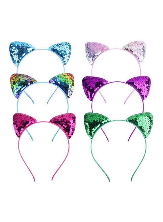 vipolish 6PCS Sequin Cat Ears Headband Shiny Cat Ears Hair Hoop Hair Accessory for Women Girls (Random Color)