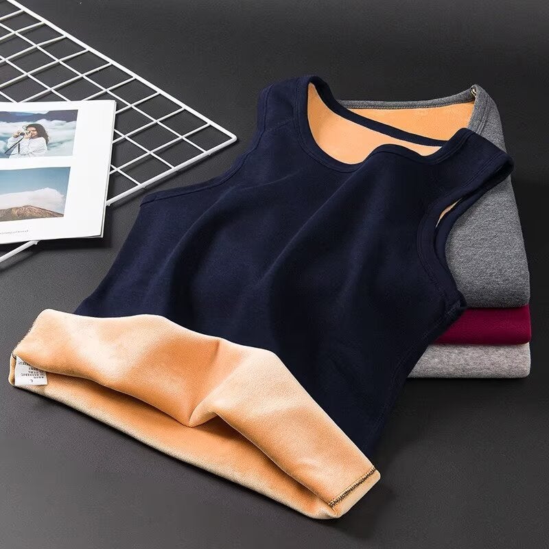 Mens Gold Velvet Winter fleece-lined Thickened Warm Vest Round Neck Slim-fit Solid Color All-match Vest for Teenagers Navy blue - Image 1