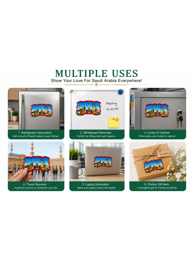 ARAB SOUVENIRS Saudi Arabia Skyline Ceramic Fridge Magnet – Premium Souvenir Featuring Iconic Landmarks of Riyadh, Makkah & Madinah with Vibrant 3D Detailing, Elegant Red Frame, and National Flag Design – Collector’s Gift Piece - Image 2