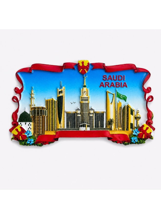 ARAB SOUVENIRS Saudi Arabia Skyline Ceramic Fridge Magnet – Premium Souvenir Featuring Iconic Landmarks of Riyadh, Makkah & Madinah with Vibrant 3D Detailing, Elegant Red Frame, and National Flag Design – Collector’s Gift Piece - Image 1
