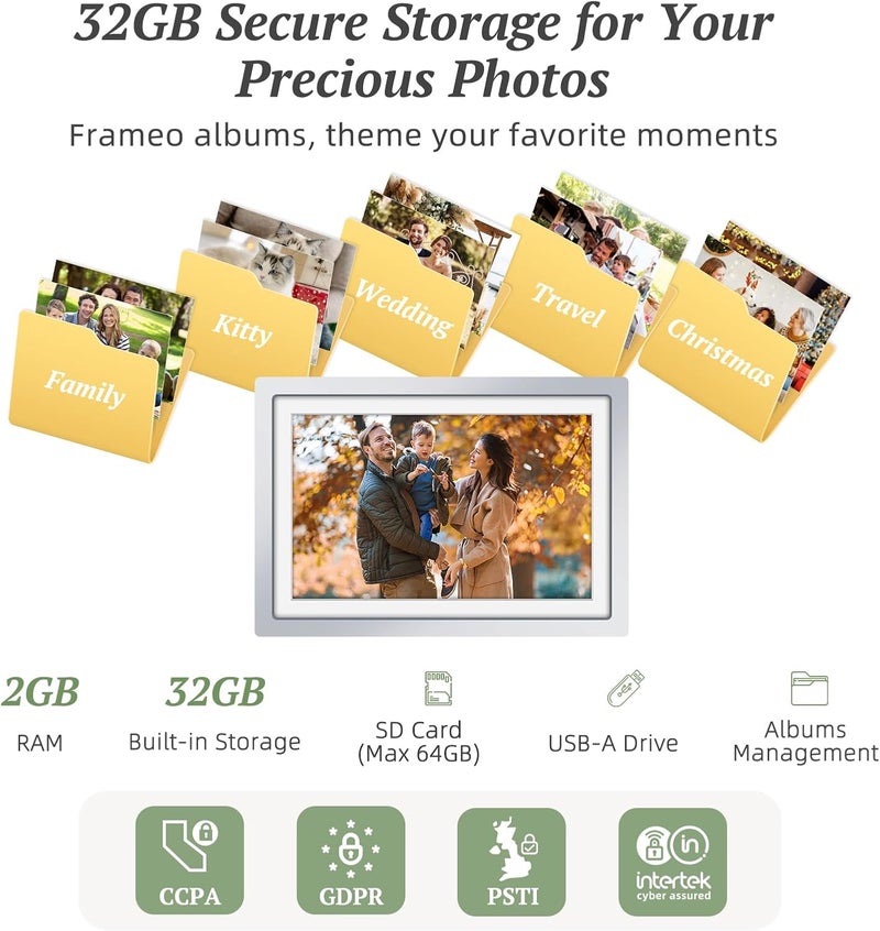 Frameo WiFi Digital Photo Frame Silver 10.1 Inch Digital Picture Frame, 32GB Memory, 1280*800 HD IPS Touch Display, Auto-Rotation, Share Photos Videos via Frameo APP, Gifts for Women Men, Satin Silver - Image 4