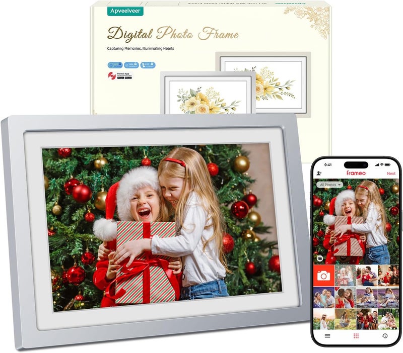 Frameo WiFi Digital Photo Frame Silver 10.1 Inch Digital Picture Frame, 32GB Memory, 1280*800 HD IPS Touch Display, Auto-Rotation, Share Photos Videos via Frameo APP, Gifts for Women Men, Satin Silver - Image 1
