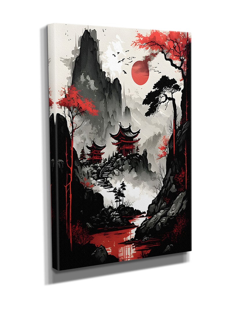 مودكلاس لوحه فنيه بنمط الياباني في ذروة القمر الاحمر بإطار خشبي - Image 3