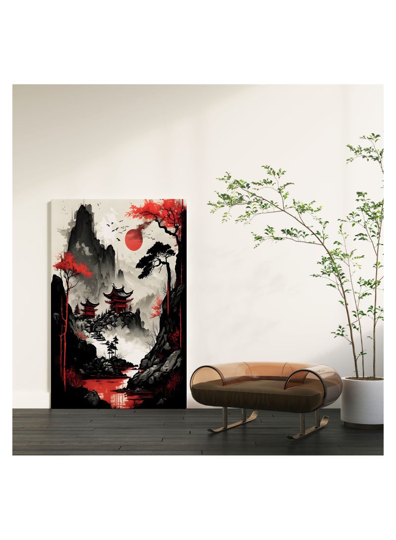مودكلاس لوحه فنيه بنمط الياباني في ذروة القمر الاحمر بإطار خشبي - Image 2