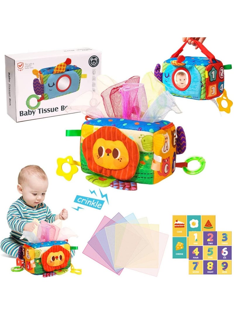 Baby Tissue Box Toy, Montessori Toys for Babies 6-18 Months Boys Girls, Magic Tissue Box Baby Sensory Toys with Mirror Teether Rattle, Toddler Travel Toys Birthday Gifts - Image 1