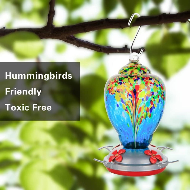 WOSIBO Hummingbird Feeder for Outdoors Patio Large 32 Ounces Colorful Hand Blown Glass Hummingbird Feeder with Ant Moat Hanging Hook, Rope, Brush and Service Card (Blue-White) - Image 5