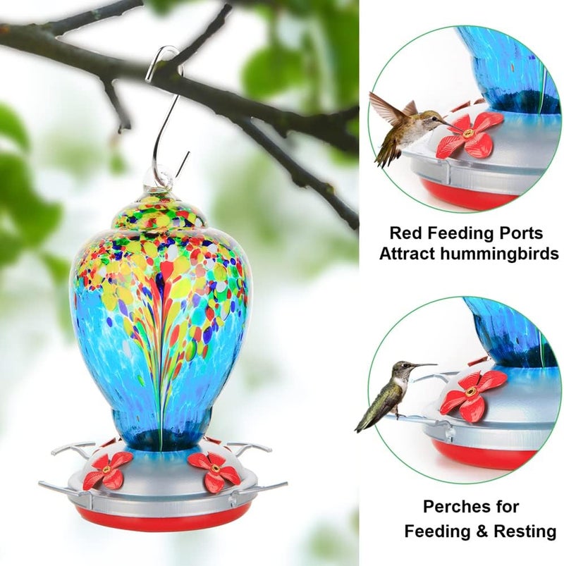 WOSIBO Hummingbird Feeder for Outdoors Patio Large 32 Ounces Colorful Hand Blown Glass Hummingbird Feeder with Ant Moat Hanging Hook, Rope, Brush and Service Card (Blue-White) - Image 3