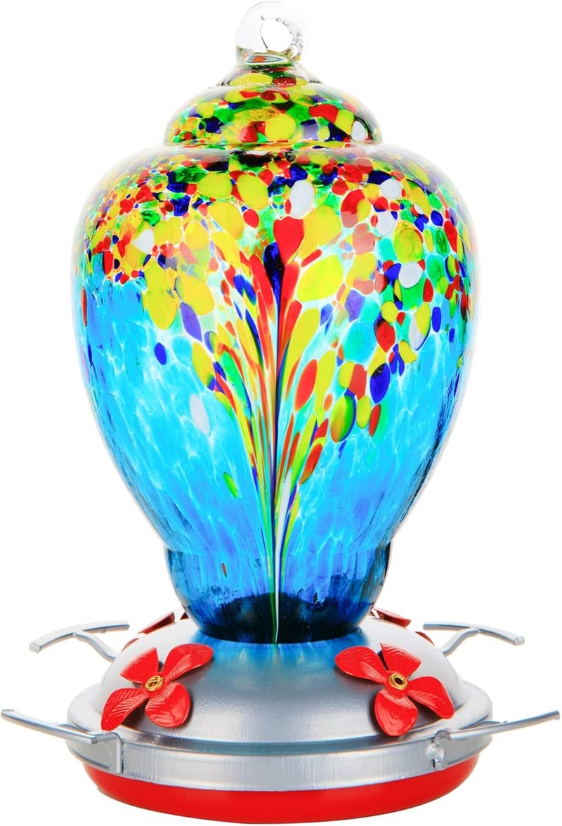 WOSIBO Hummingbird Feeder for Outdoors Patio Large 32 Ounces Colorful Hand Blown Glass Hummingbird Feeder with Ant Moat Hanging Hook, Rope, Brush and Service Card (Blue-White) - Image 1