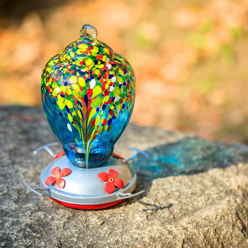 WOSIBO Hummingbird Feeder for Outdoors Patio Large 32 Ounces Colorful Hand Blown Glass Hummingbird Feeder with Ant Moat Hanging Hook, Rope, Brush and Service Card (Blue-White) - Image 4