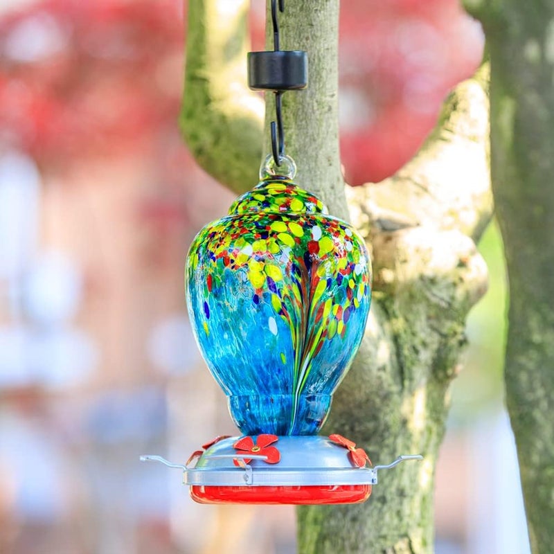 WOSIBO Hummingbird Feeder for Outdoors Patio Large 32 Ounces Colorful Hand Blown Glass Hummingbird Feeder with Ant Moat Hanging Hook, Rope, Brush and Service Card (Blue-White) - Image 2
