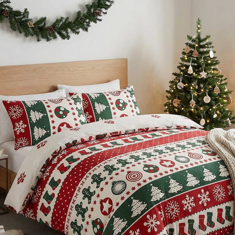 سيجنولا طقم ملايات سيجنولا بنقشة غزال الكريسماس 🦌 – تصميم أعياد الميلاد (Xmas) – طقم 3 قطع – ناعم ومريح ومقاوم للتجعد – مناسب لأجواء الشتاء – للرجال والسيدات والأطفال – مقاس كوين 180 × 240 سم - Image 2