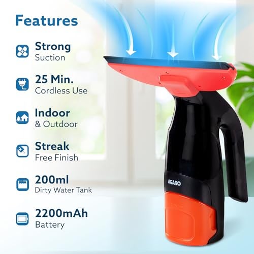 AGARO Delite Electric Glass Vacuum Cleaner, Spray & Vacuum, 28 Cm Suction Blade, Cordless, 360 ML Spray Bottle, Portable, Efficient for Cleaning Window Glass, Tiles, Glass Tables, Red & Black - Image 2