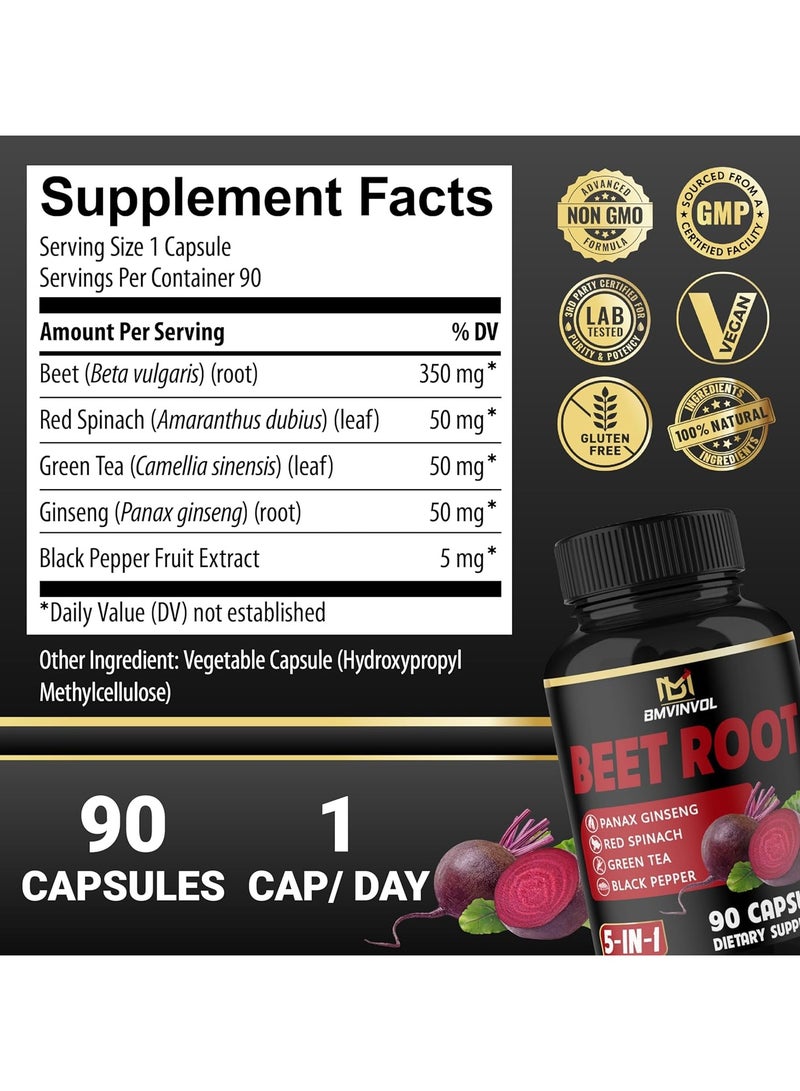 BMVINVOL Beet Root, Green Tea, Red Spinach, Panax Ginseng, Black Paper 90 Capsules - Image 2