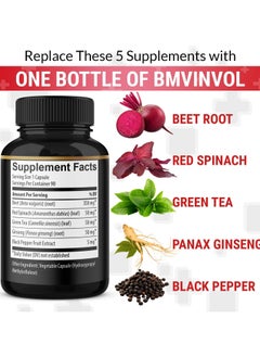 BMVINVOL Beet Root, Green Tea, Red Spinach, Panax Ginseng, Black Paper 90 Capsules  - Image 3
