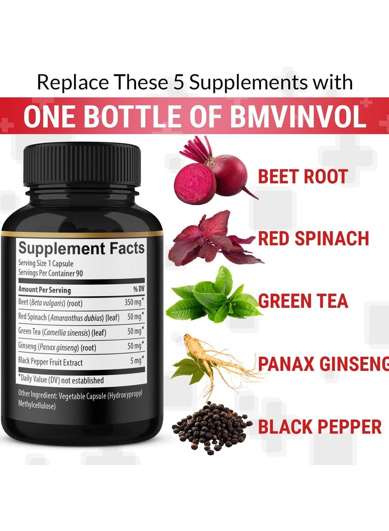 BMVINVOL Beet Root, Green Tea, Red Spinach, Panax Ginseng, Black Paper 90 Capsules - Image 3