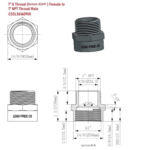 Cascada Showers G Thread (British BSPP) Female to NPT Thread Male Pipe Fitting Adapter - Lead-Free (1" x 1" (1 Piece)) - Image 2