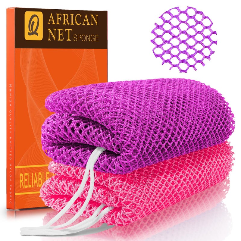 UJFQBH African Net Sponge 2-Pieces, Authentic Exfoliating Body Scrubber for Shower & Bath, Deep Cleansing Lather for Dead Skin Removal, Back Scrubber for Women & Men (Rose Red & Purple) - Image 1