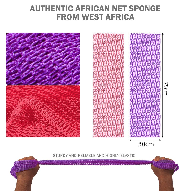 UJFQBH African Net Sponge 2-Pieces, Authentic Exfoliating Body Scrubber for Shower & Bath, Deep Cleansing Lather for Dead Skin Removal, Back Scrubber for Women & Men (Rose Red & Purple) - Image 3