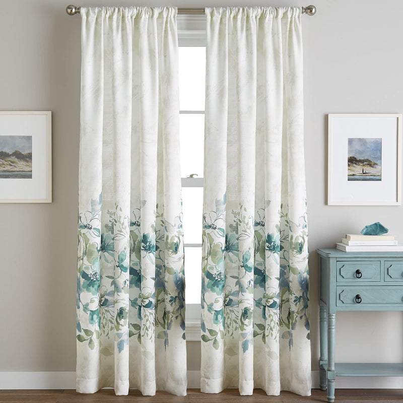 CHF Watercolor Floral Print Single Curtain Panel - Flip Over Rod Pocket Design - 50" x 63", Aqua - Image 1
