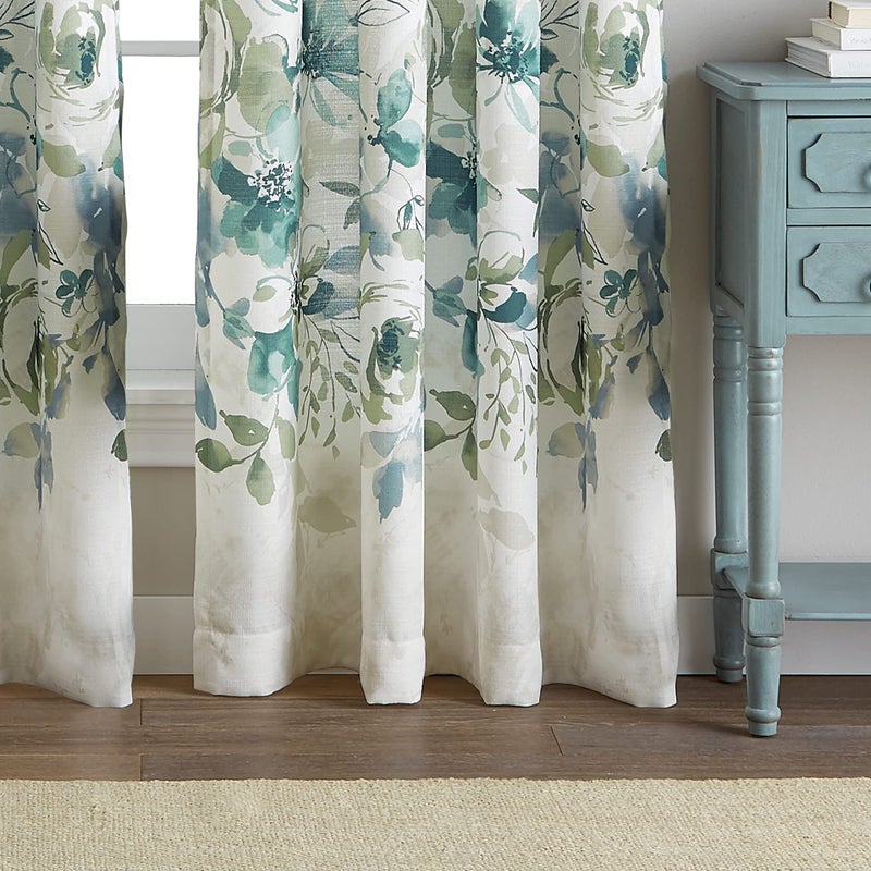 CHF Watercolor Floral Print Single Curtain Panel - Flip Over Rod Pocket Design - 50" x 63", Aqua - Image 2