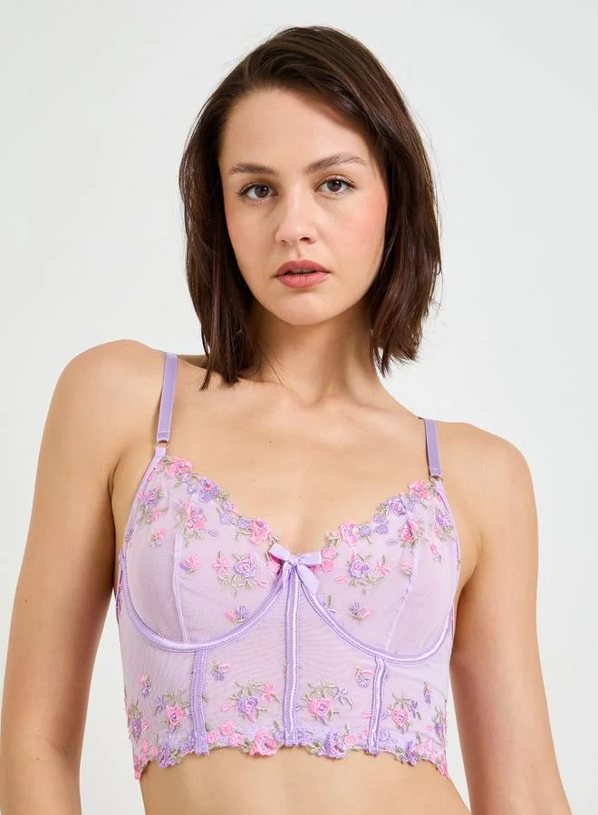 Take Two Purple Floral Bustier Mesh Crop Top