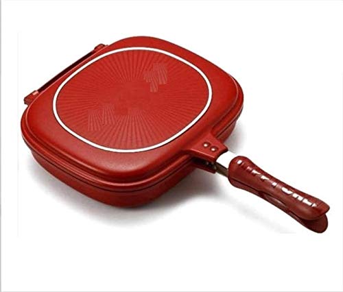 BSITFOW BSITFOW Double Sided Ceramic Coated Magic Pan Gas Grill Fryer Pan Flip Pan Dishwasher Safe JumboSquared Grill 28cm Strong Magnetic Handles Silicone Gasket Smart Oil Tray red - Image 1