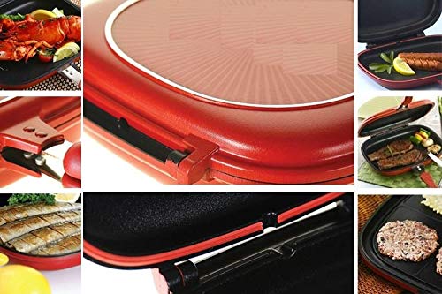 BSITFOW BSITFOW Double Sided Ceramic Coated Magic Pan Gas Grill Fryer Pan Flip Pan Dishwasher Safe JumboSquared Grill 28cm Strong Magnetic Handles Silicone Gasket Smart Oil Tray red - Image 4