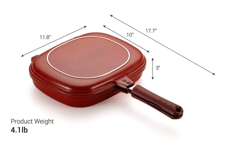 BSITFOW BSITFOW Double Sided Ceramic Coated Magic Pan Gas Grill Fryer Pan Flip Pan Dishwasher Safe JumboSquared Grill 28cm Strong Magnetic Handles Silicone Gasket Smart Oil Tray red - Image 3