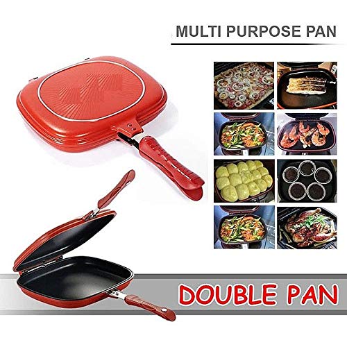 BSITFOW BSITFOW Double Sided Ceramic Coated Magic Pan Gas Grill Fryer Pan Flip Pan Dishwasher Safe JumboSquared Grill 28cm Strong Magnetic Handles Silicone Gasket Smart Oil Tray red - Image 5