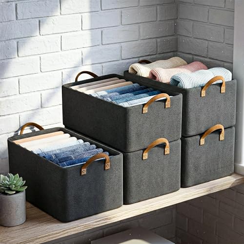 CLAPONE Foldable Storage Box and Organiser with Metal Frame/Woven Fabric Clothes Organiser with Handle/Wardrobe Organizer for Storage/Almirah Organizer for Shirts/Sweater/Jeans (grey, 5 pcs) - Image 1