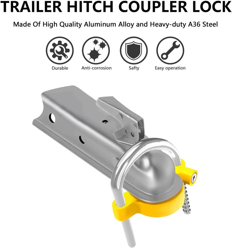 Funmit Trailer Lock Universal Coupler Ball Lock Fits 1-7/8", 2", and 2-5/16" Couplers, Boat Camper Accessories for Travel Trailers Adjustable Heavy-Duty Steel Hitch Lock Yellow - Image 5
