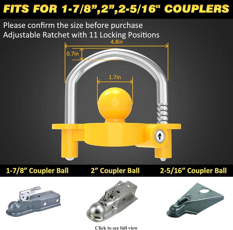 Funmit Trailer Lock Universal Coupler Ball Lock Fits 1-7/8", 2", and 2-5/16" Couplers, Boat Camper Accessories for Travel Trailers Adjustable Heavy-Duty Steel Hitch Lock Yellow - Image 2