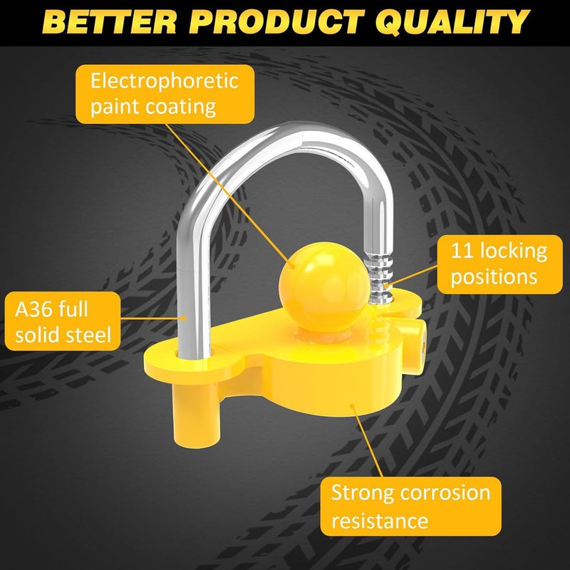 Funmit Trailer Lock Universal Coupler Ball Lock Fits 1-7/8", 2", and 2-5/16" Couplers, Boat Camper Accessories for Travel Trailers Adjustable Heavy-Duty Steel Hitch Lock Yellow - Image 3