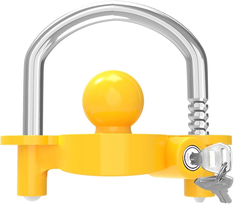 Funmit Trailer Lock Universal Coupler Ball Lock Fits 1-7/8", 2", and 2-5/16" Couplers, Boat Camper Accessories for Travel Trailers Adjustable Heavy-Duty Steel Hitch Lock Yellow - Image 1