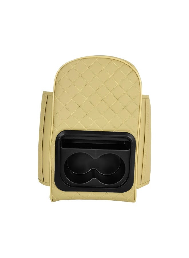 صندوق مسند ذراع لمقعد السيارة باللون البيج مع حامل أكواب مزدوج، ومنظم تخزين لوحدة التحكم المركزية مصنوع من جلد البولي يوريثين ورغوة الذاكرة، مناسب لجميع أنواع السيارات وسيارات الدفع الرباعي والسيدان، سهل التركيب بدون إتلاف، وسادة مريحة لدعم الذراع مع جيوب تخزين جانبية. - Image 1