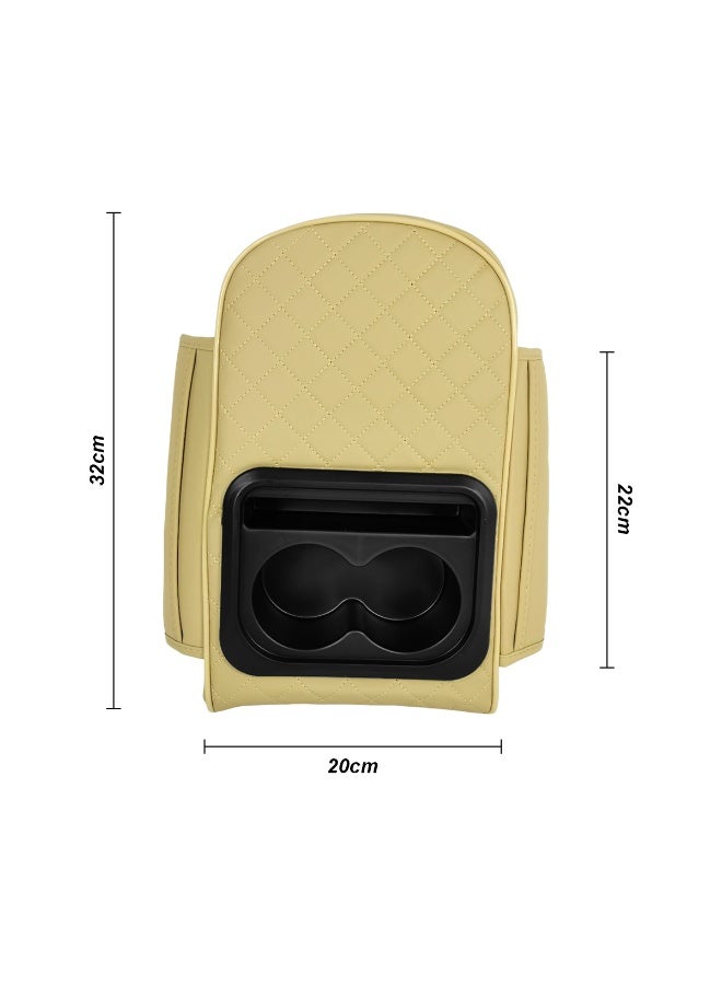 صندوق مسند ذراع لمقعد السيارة باللون البيج مع حامل أكواب مزدوج، ومنظم تخزين لوحدة التحكم المركزية مصنوع من جلد البولي يوريثين ورغوة الذاكرة، مناسب لجميع أنواع السيارات وسيارات الدفع الرباعي والسيدان، سهل التركيب بدون إتلاف، وسادة مريحة لدعم الذراع مع جيوب تخزين جانبية. - Image 5