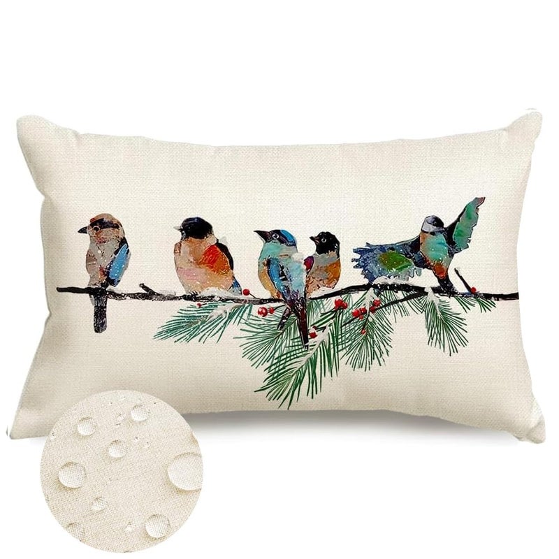 RABUSOFA Christmas Outdoor Pillow Covers Waterproof 12x20 Inch Birds Christmas Winter Decorations Lumbar Throw Pillow Cases Xmas Birds Decor Decorative Pillows for Couch Holiday Teal - Image 1