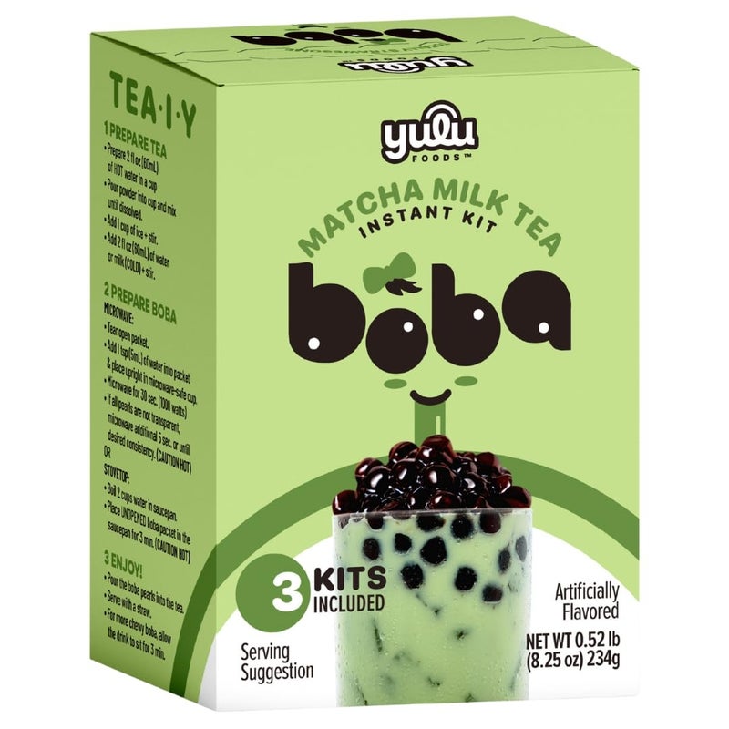 Matcha Latte Instant Bubble Pearl Matcha Milk Tea Kit with Authentic Brown Sugar Tapioca Pearls, Ready in Under One Minute, Paper Straws Included - 3 Servings Yulu Foods - Image 1