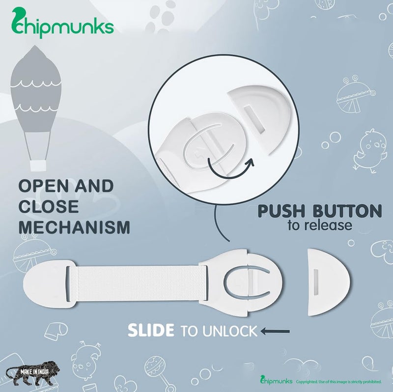 Chipmunks Furniture Safety Locks for Kids, Made in India Child Safety, Locks for Drawers, Cabinets, Fridge, Cupboard Lock, Strong and Adhesive Safety Locks (4 Grey + 4 Brown) - Image 5