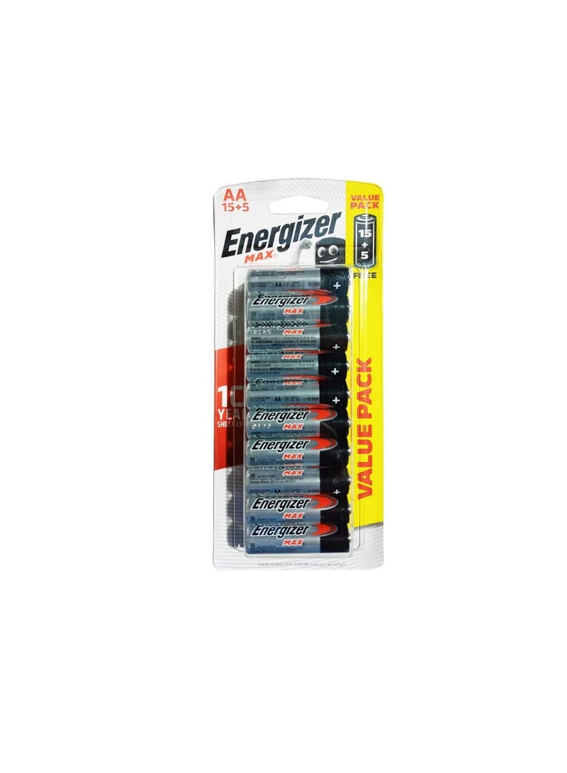 إنرجايزر بطاريات قلوية AA ماكس 1.5 فولت من انرجايزر E91HP ، 20 قطعة - اسود - Image 2