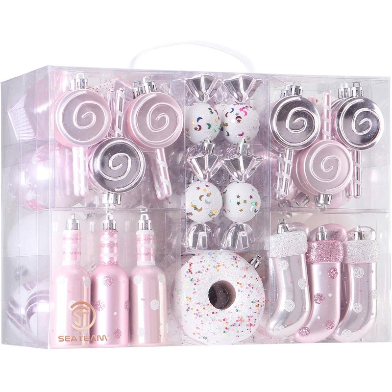 Sea Team 80Pack Assorted Shatterproof Christmas Ball Ornaments Set Decorative Baubles Pendants with Reusable Handheld Gift Package for Xmas Tree Pink